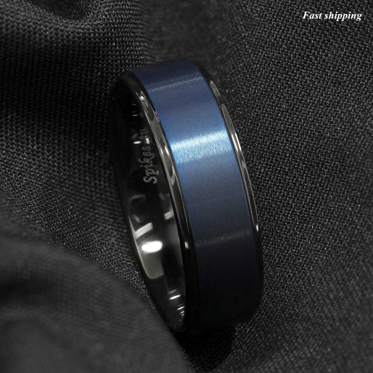 8mm Black Tungsten Carbide Ring Sea Blue Brushed Center Bridal
