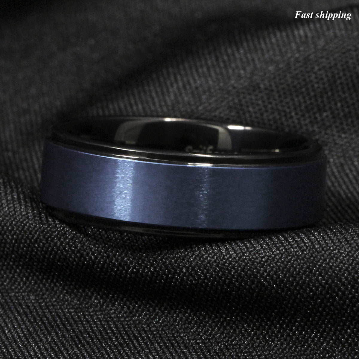 8mm Black Tungsten Carbide Ring Sea Blue Brushed Center Bridal 