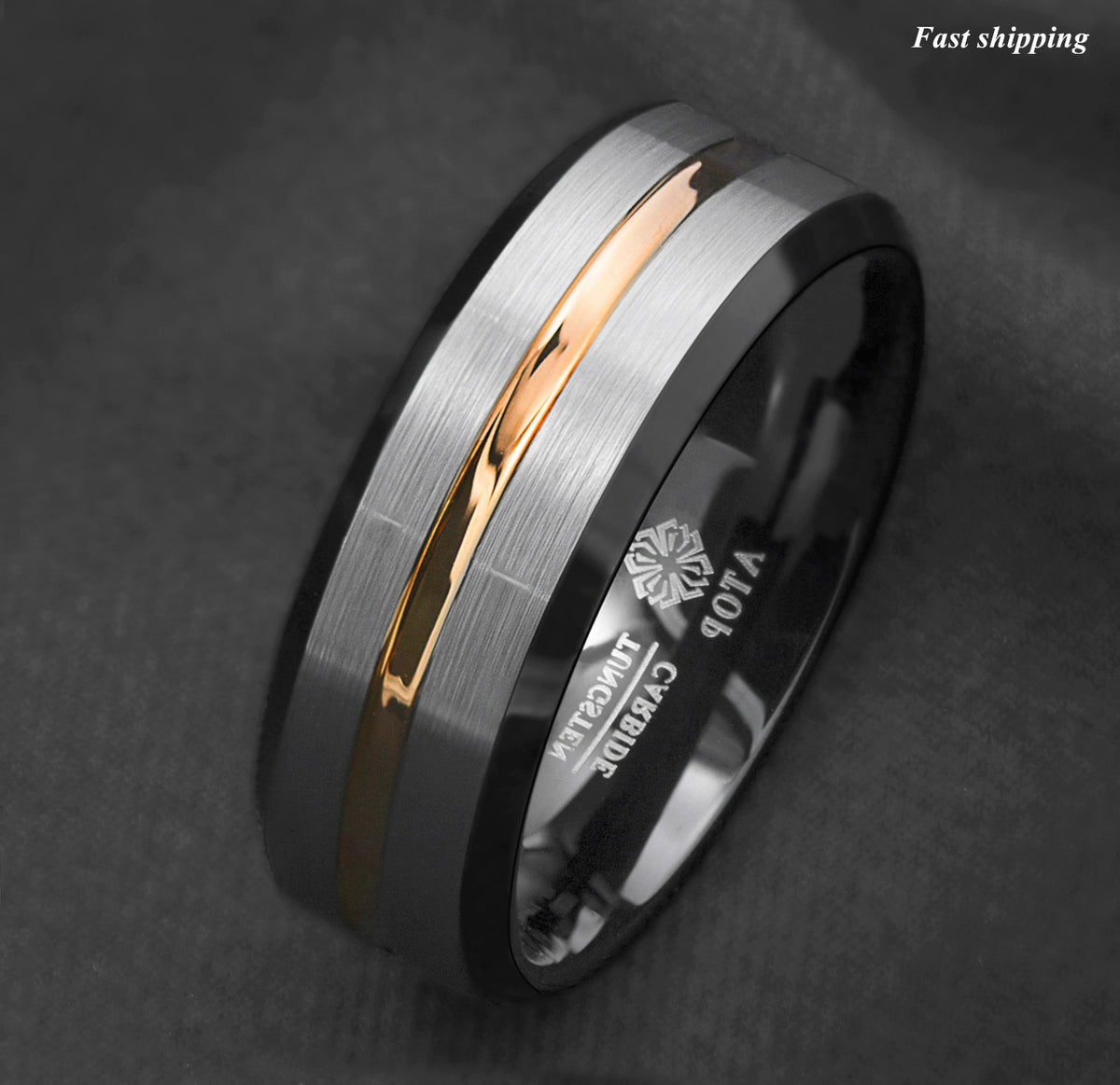 8/6mm Silver Brushed Black Edge Tungsten Ring Plated Metal ATOP
