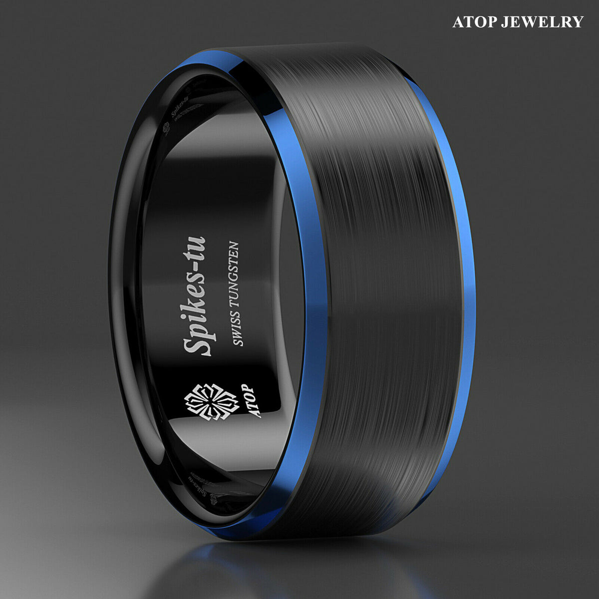 8/6mm Silver Brushed Black Edge Tungsten Ring Plated Metal ATOP