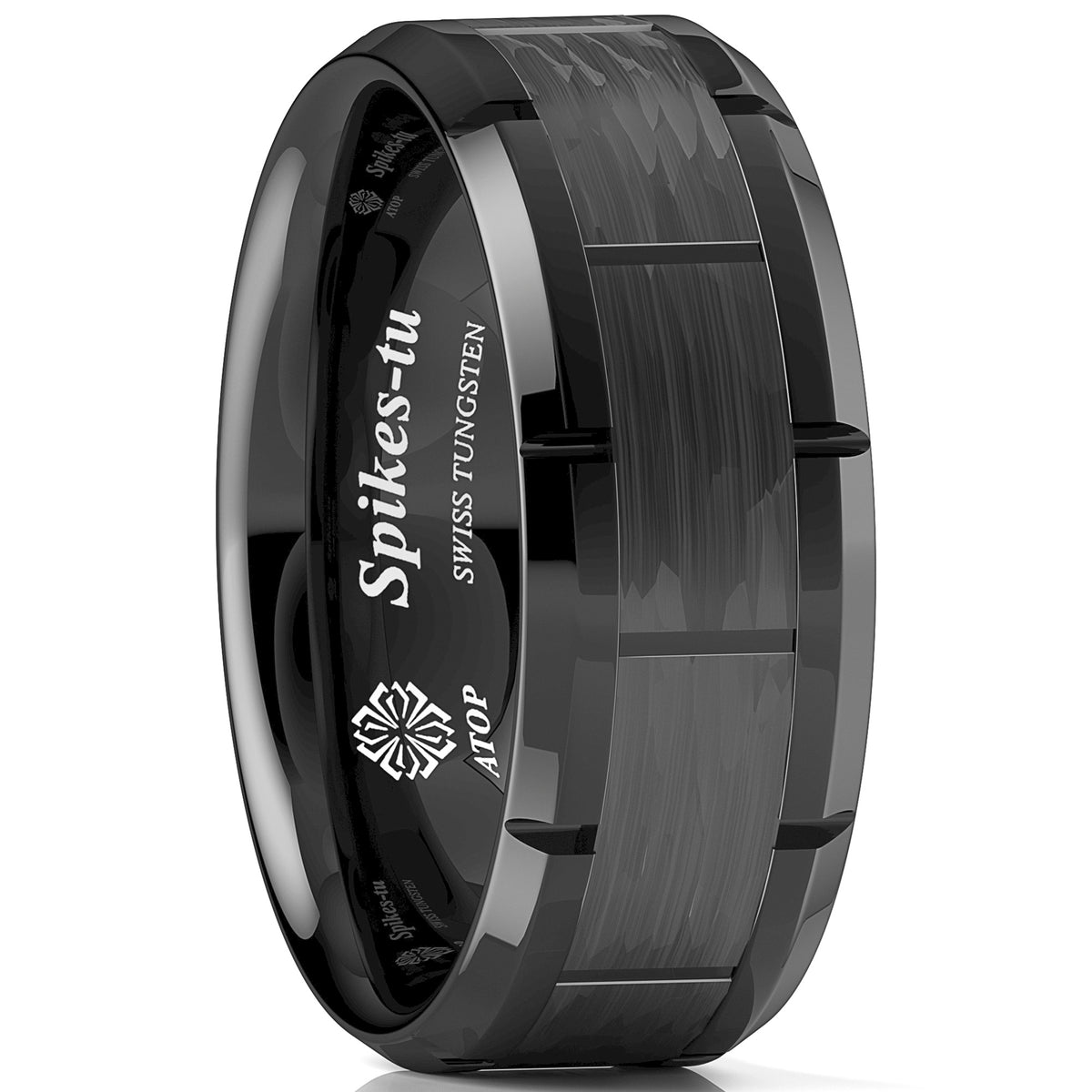 8mm Black Tungsten Ring Hammered Pattern Brushed Wedding