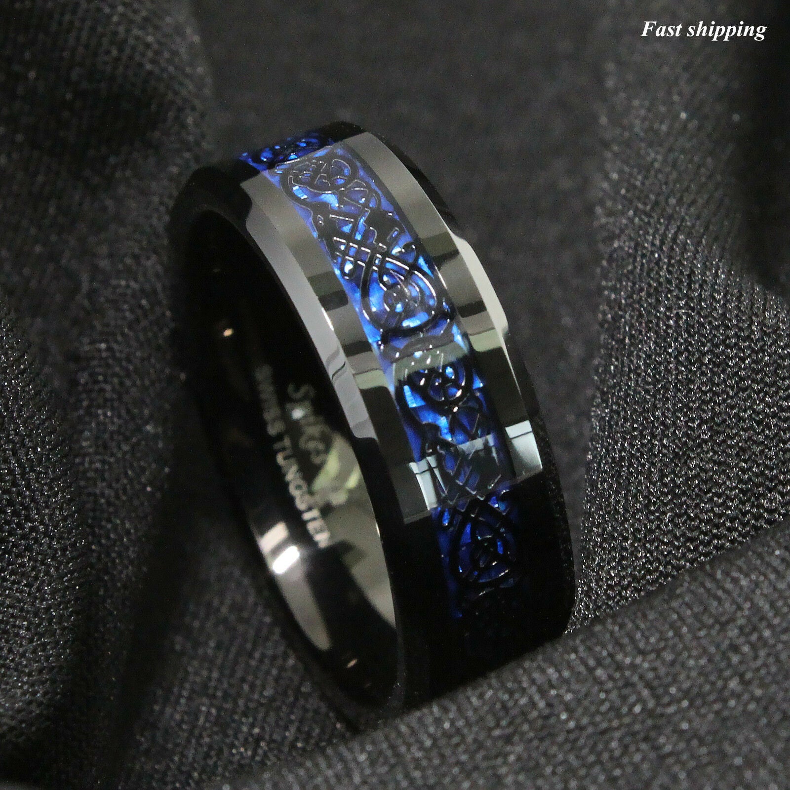 Beautiful Matching 6mm 0r offers 8mm Blue Tungsten Men's Ring Blue Carbon Fiber Celtic Dragon Band Ocean beach Wedding Free Black Velvet Ring Box